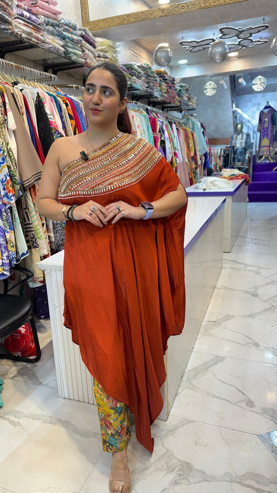 "SONHI" RUST CREPE ONE SHOULDER CO-ORD WITH HANDWORK FS03