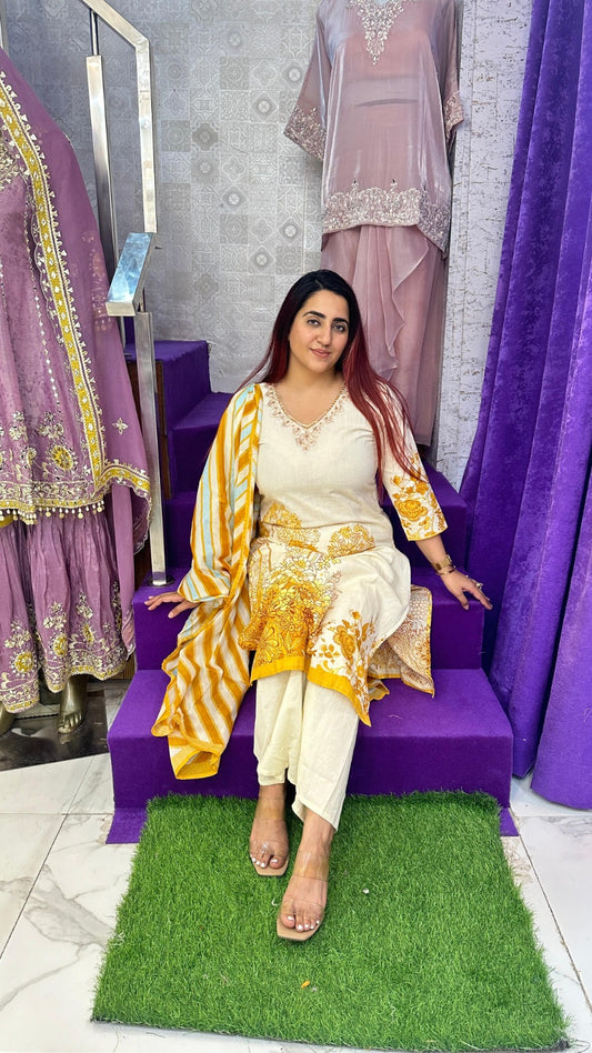 "SUNEHRI" Yellow Khadi Printed Western Wear Suit With Dupatta For Women FS09