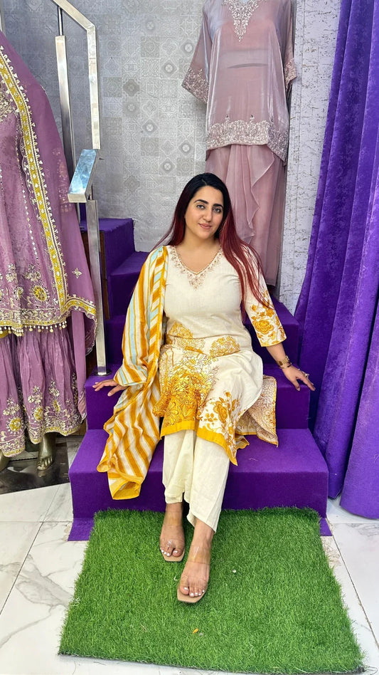 "SUNEHRI" Yellow Khadi Printed Western Wear Suit With Dupatta For Women FS09
