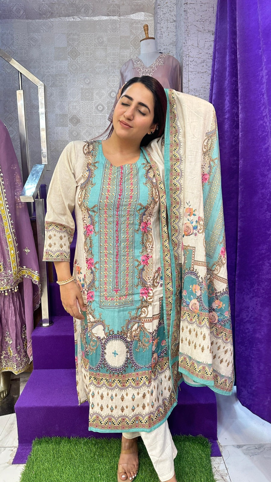 "VIRSA" Blue Khadi Heavy Printed Western Wear Suit With Dupatta For Women FS11