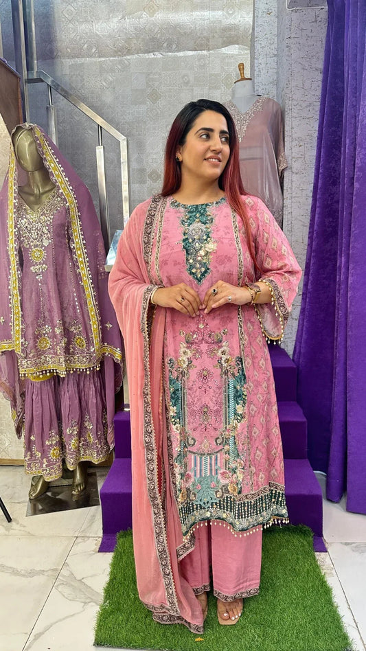 "GULABI" Baby Pink Crepe Printed Western Wear Suit With Dupatta For Women FS13
