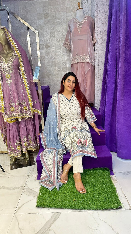 "ANHAD" Blue Khadi Medium Western Wear Suit With Dupatta For Women FS15