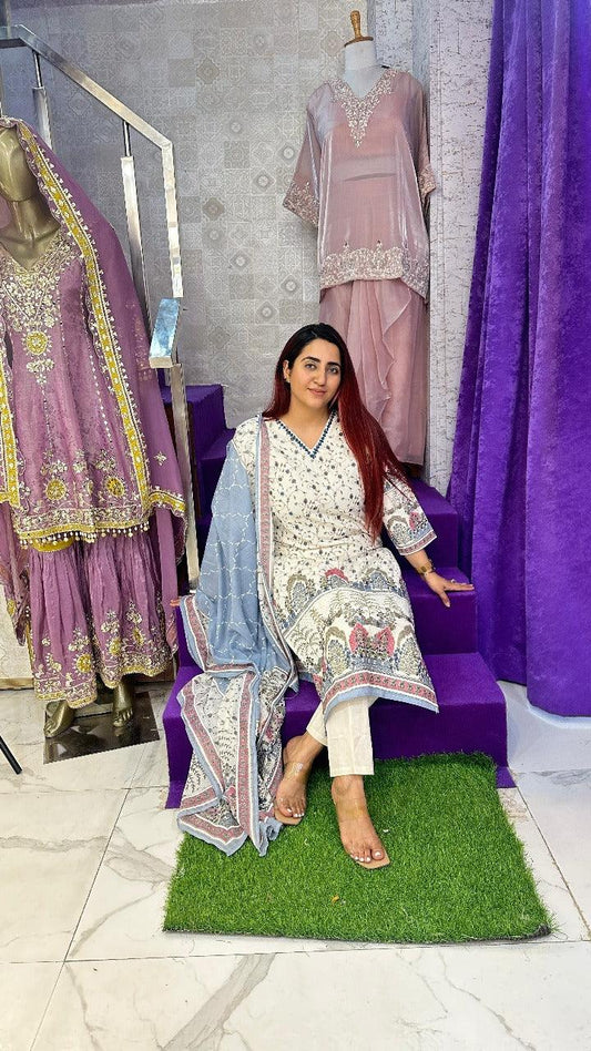 "ANHAD" Blue Khadi Medium Western Wear Suit With Dupatta For Women FS15