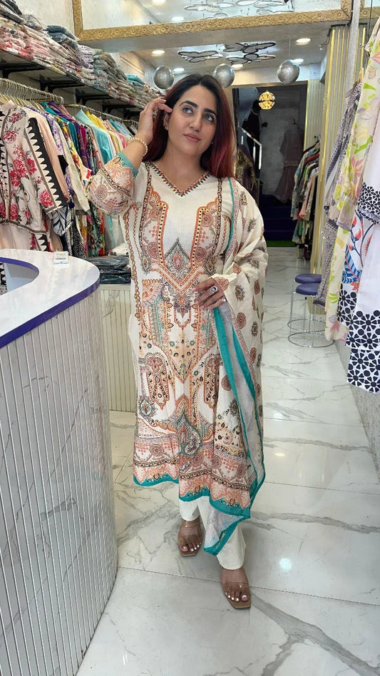 "BAAJI" White Khadi Medium Western Wear Suit With Dupatta For Women FS26