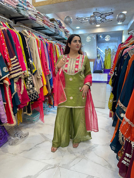 "RASBHARI" Elegant Olive Green Sharara Suit FS36