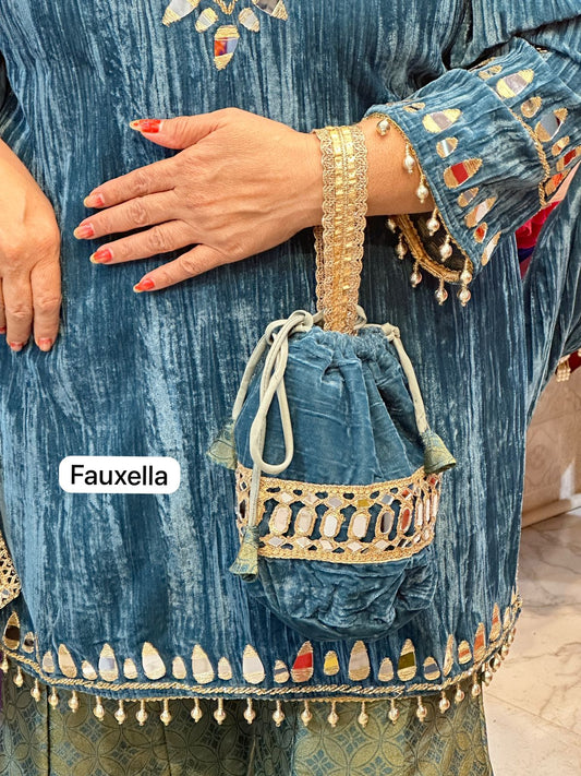 ‘KAANCH’ Elegant Velvet Suit 4 piece set with Potli FS129