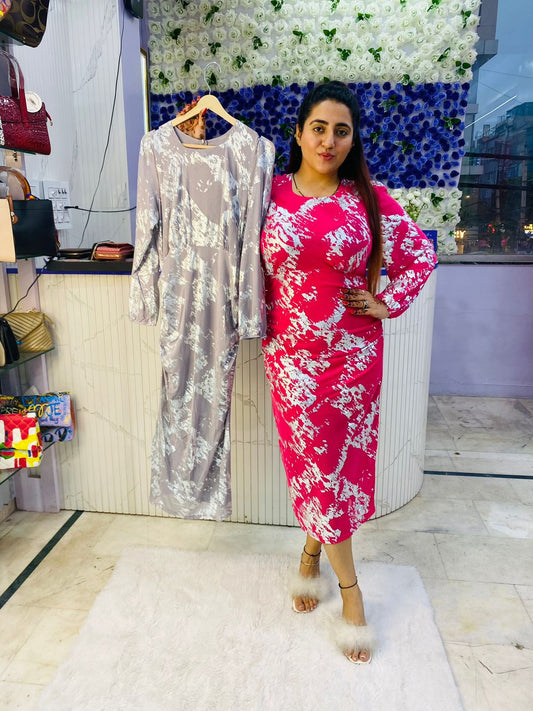 Foil Print Net Dress with Lining FS143