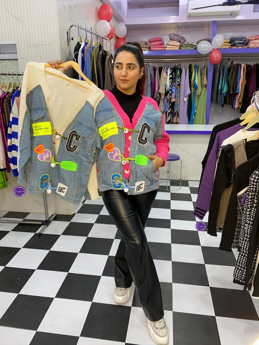 Unique Woolen Denim Patch Top FS152