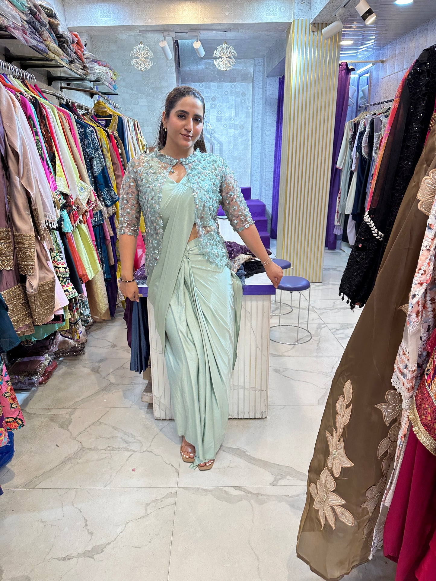'Stars' Beautiful Drape Saree With Shrug FS231