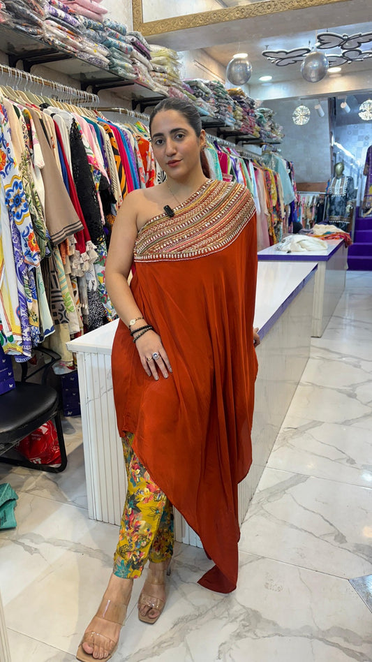 "SONHI" RUST CREPE ONE SHOULDER CO-ORD WITH HANDWORK FS03