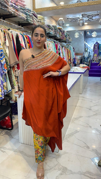 "SONHI" RUST CREPE ONE SHOULDER CO-ORD WITH HANDWORK FS03