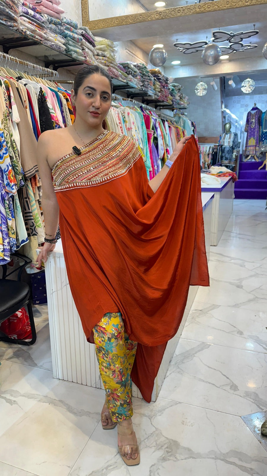 "SONHI" RUST CREPE ONE SHOULDER CO-ORD WITH HANDWORK FS03