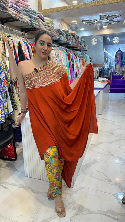 "SONHI" RUST CREPE ONE SHOULDER CO-ORD WITH HANDWORK FS03