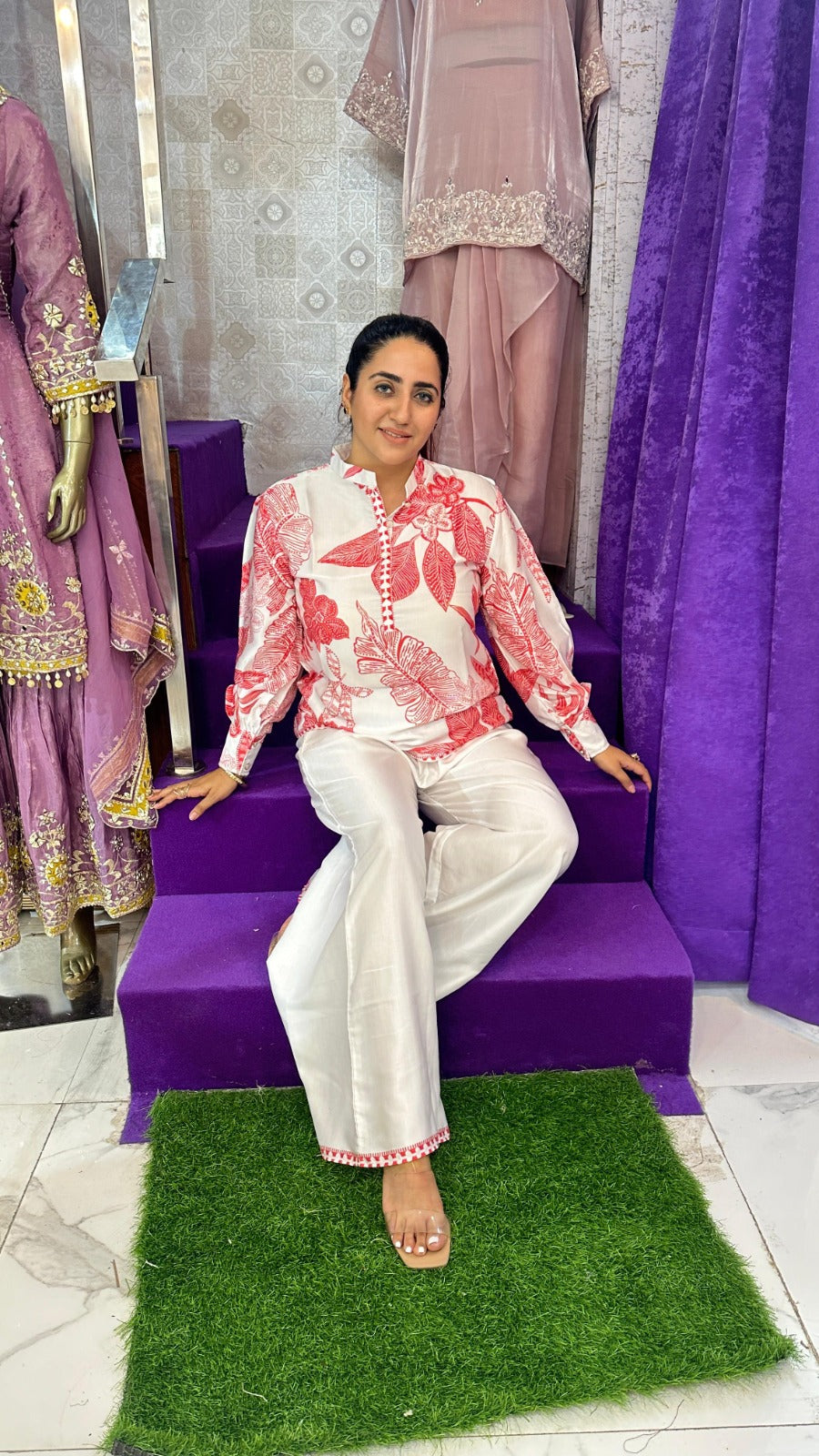 "LEHER" Red Leaf Digital Print Western Wear Co-Ord For Women FS05