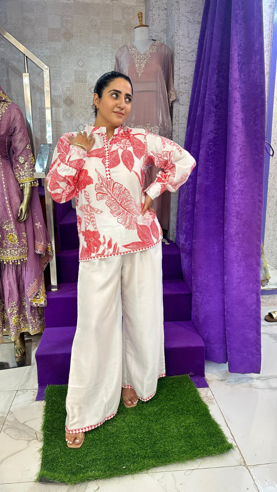 "LEHER" Red Leaf Digital Print Western Wear Co-Ord For Women FS05