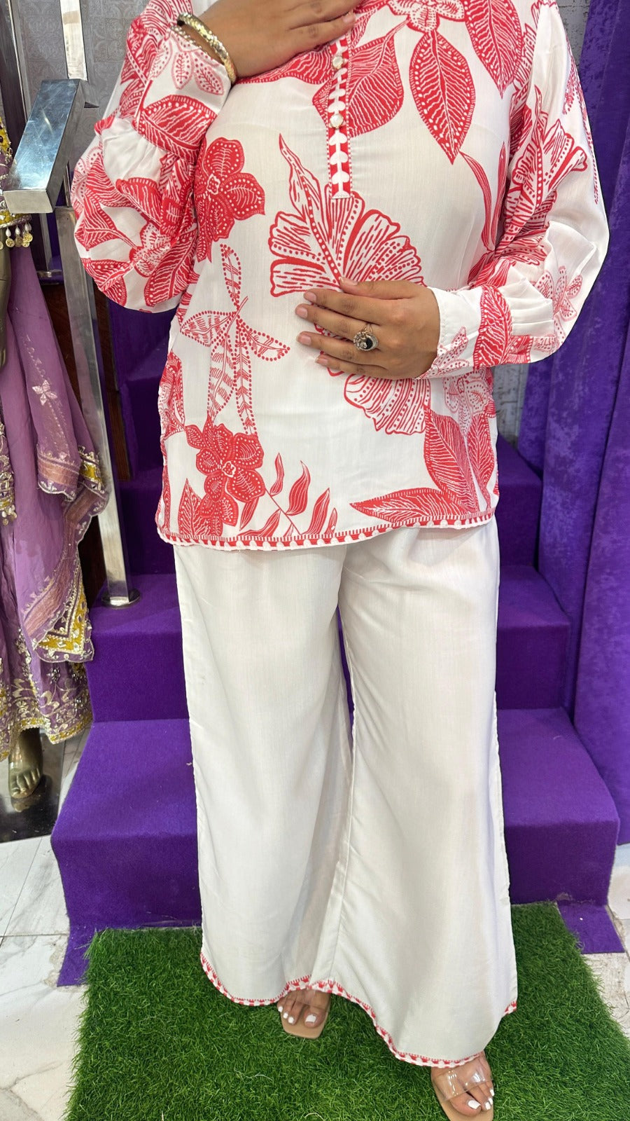 "LEHER" Red Leaf Digital Print Western Wear Co-Ord For Women FS05