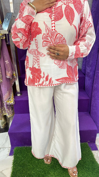 "LEHER" Red Leaf Digital Print Western Wear Co-Ord For Women FS05