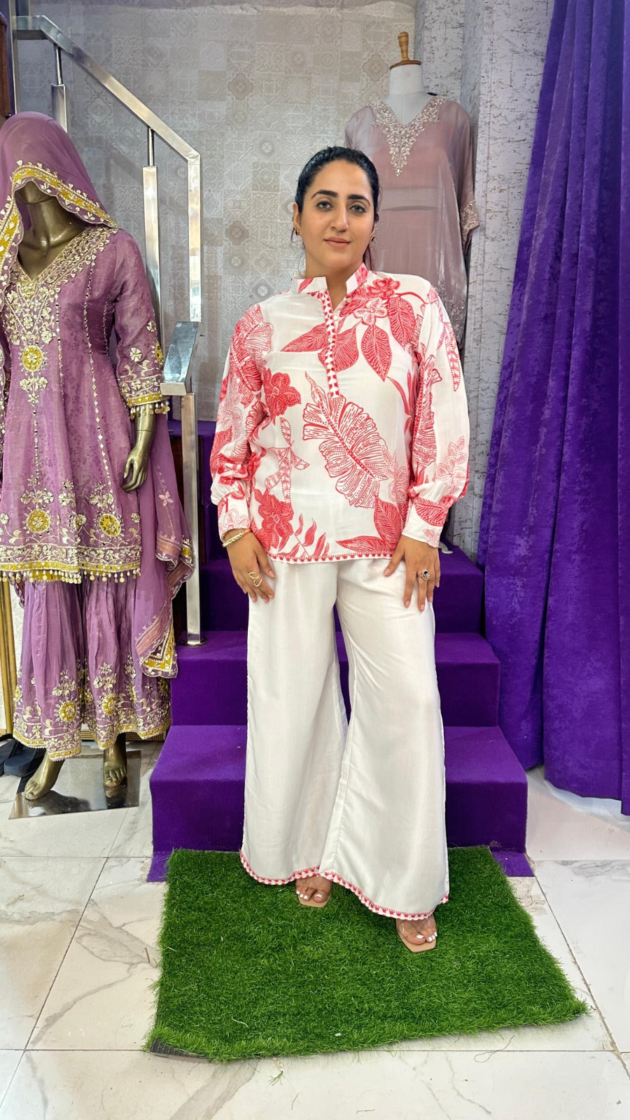 "LEHER" Red Leaf Digital Print Western Wear Co-Ord For Women FS05