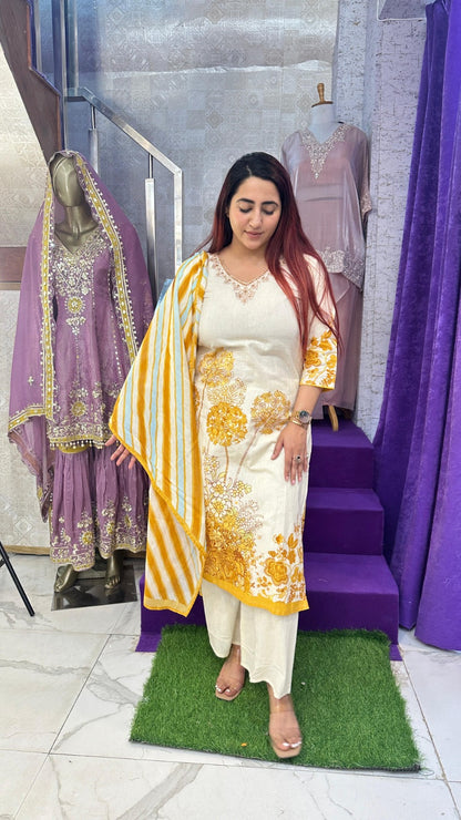 "SUNEHRI"  Yellow Khadi Printed Western Wear Suit With Dupatta For Women FS09