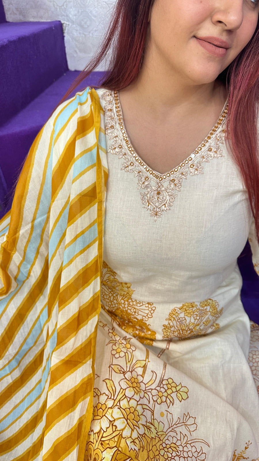 "SUNEHRI"  Yellow Khadi Printed Western Wear Suit With Dupatta For Women FS09