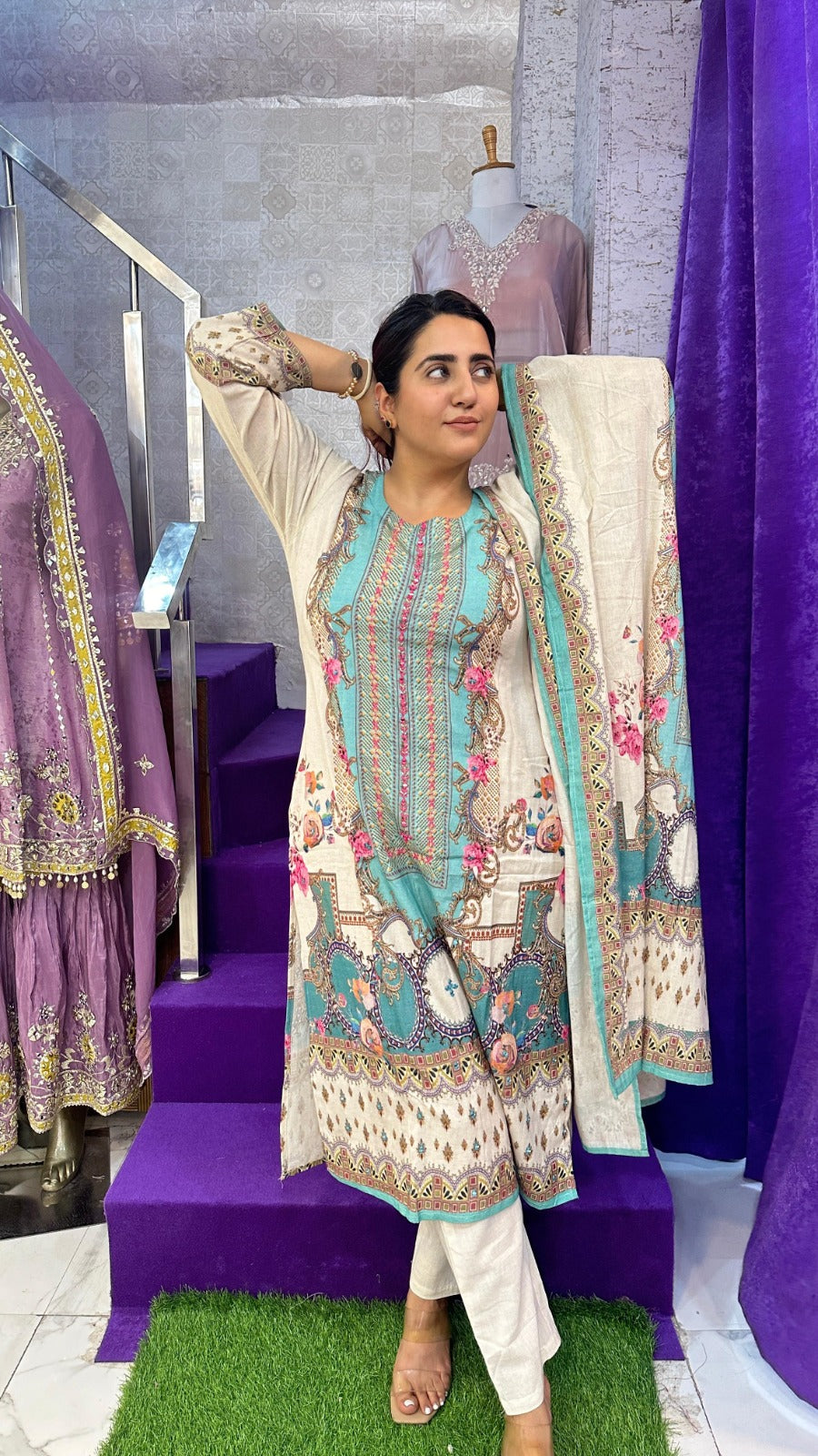 "VIRSA" Blue Khadi Heavy Printed Western Wear Suit With Dupatta For Women FS11