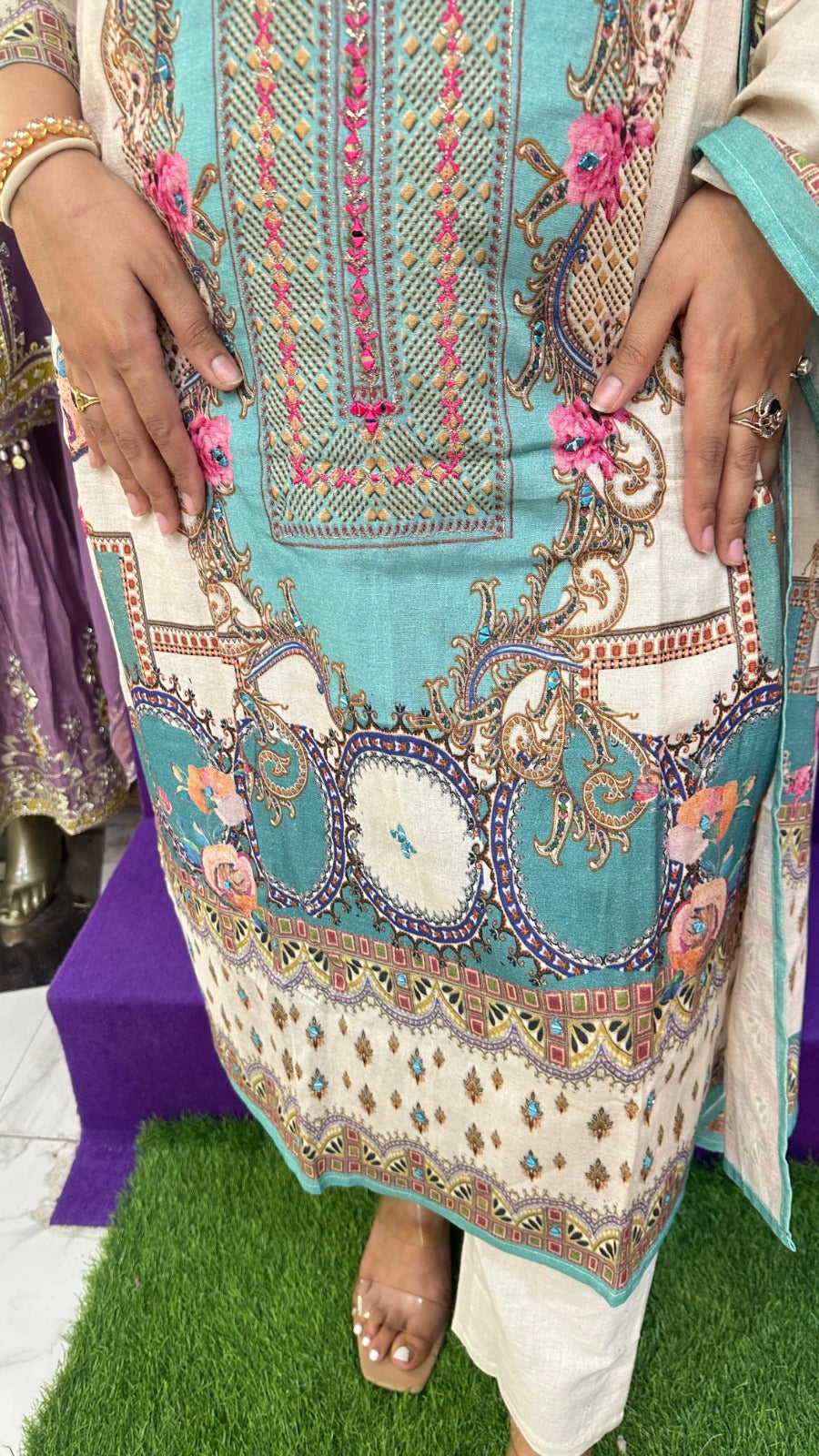 "VIRSA" Blue Khadi Heavy Printed Western Wear Suit With Dupatta For Women FS11