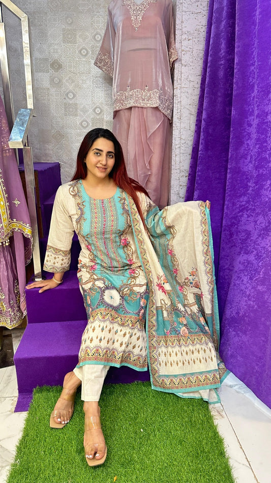 "VIRSA" Blue Khadi Heavy Printed Western Wear Suit With Dupatta For Women FS11