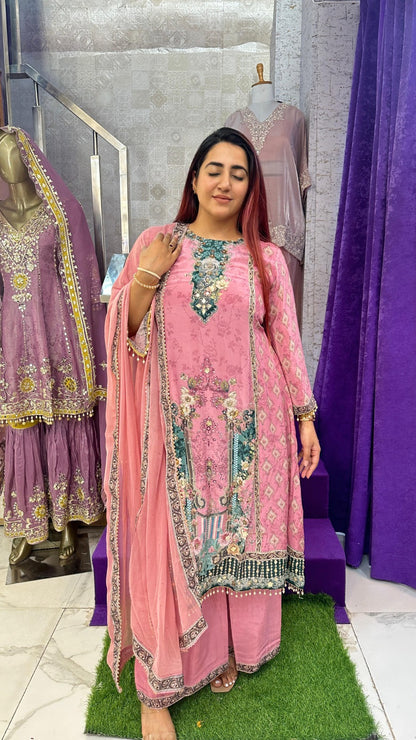 "GULABI"  Baby Pink Crepe Printed Western Wear Suit With Dupatta For Women FS13