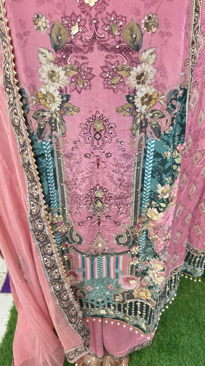 "GULABI"  Baby Pink Crepe Printed Western Wear Suit With Dupatta For Women FS13