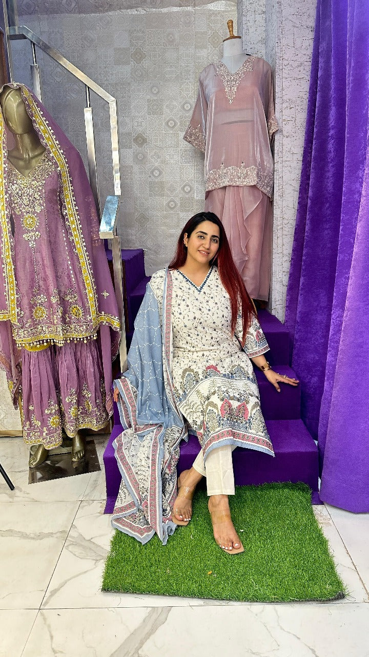 "ANHAD" Blue Khadi Medium Western Wear Suit With Dupatta For Women FS15