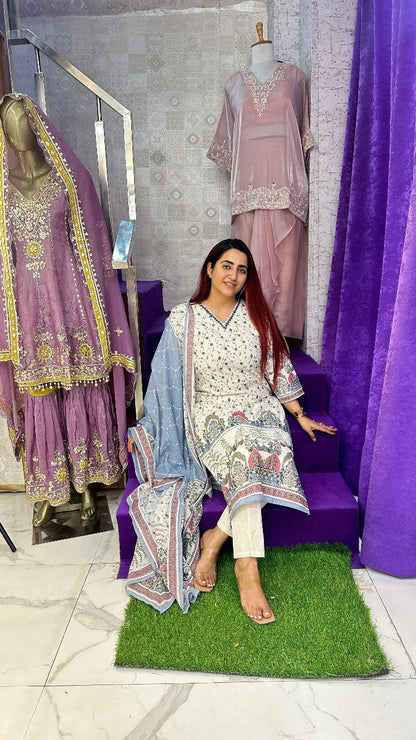 "ANHAD" Blue Khadi Medium Western Wear Suit With Dupatta For Women FS15