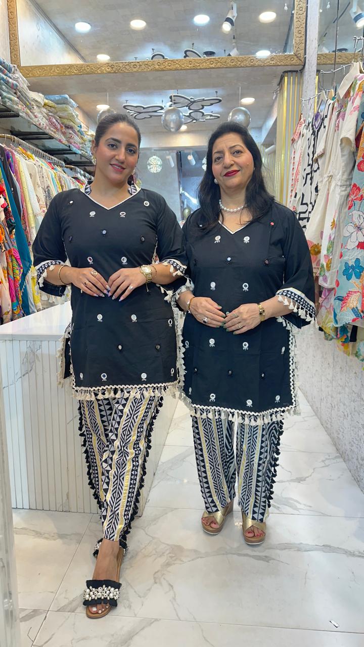 "JHANJAR" BLACK UNIQUE COTTON CO-ORD WITH SOFT LINEN PANTS FS19
