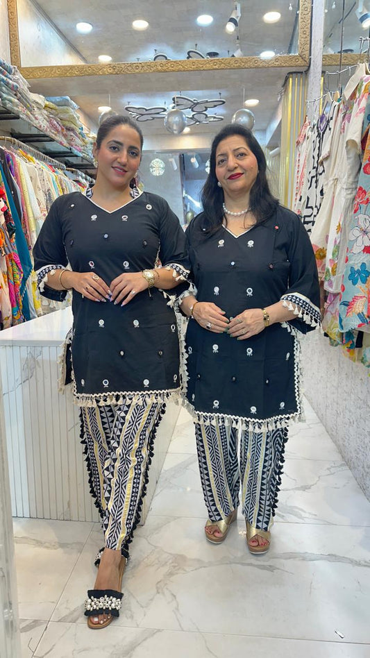 "JHANJAR" BLACK UNIQUE COTTON CO-ORD WITH SOFT LINEN PANTS FS19