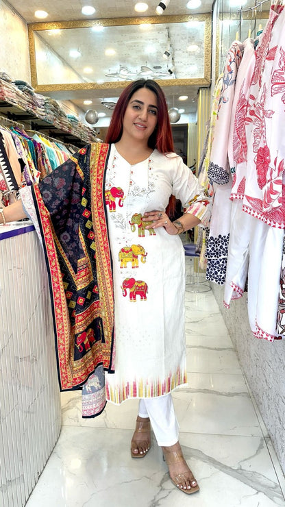 "BALLE" Multicolor Khadi Printed Western Wear Suit With Dupatta For Women FS20