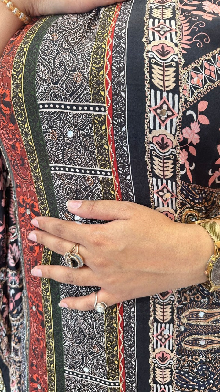 "PEHRAWA"  Black digital print kaftaan set For Women FS28