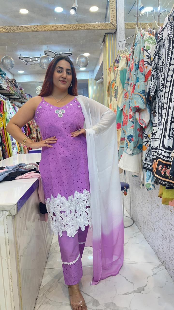 "CHANN" Beautiful Strap Suit With Lacer Cut Work FS38