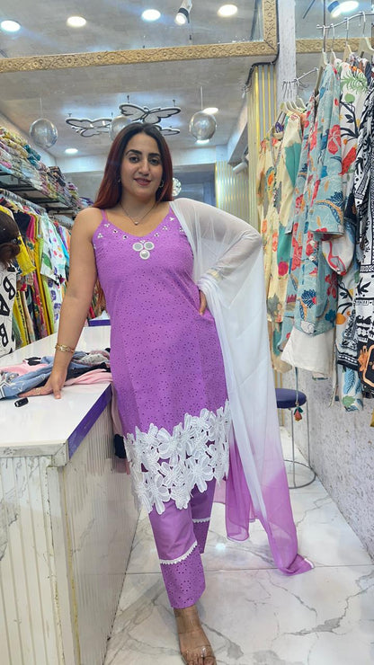 "CHANN" Beautiful Strap Suit With Lacer Cut Work FS38