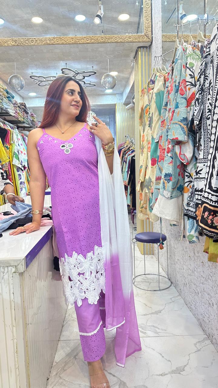 "CHANN" Beautiful Strap Suit With Lacer Cut Work FS38