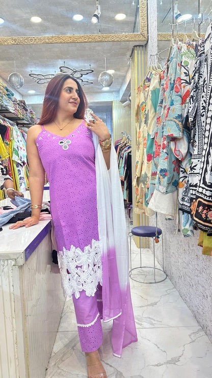 "CHANN" Beautiful Strap Suit With Lacer Cut Work FS38