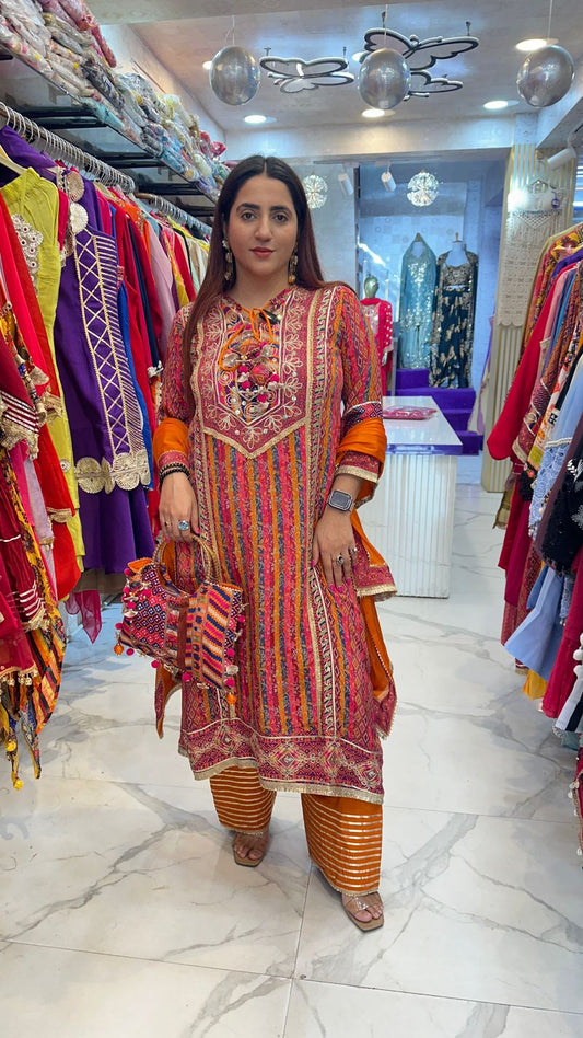 "AABROO" Beautiful Multicolor Suit With Hand Bag  FS72