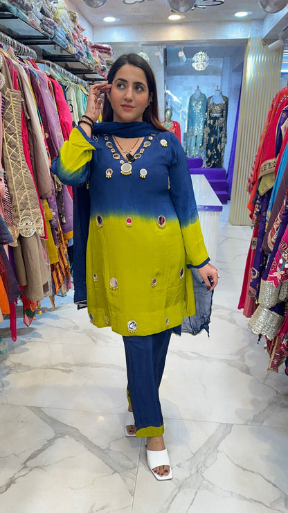 ‘MANTHRA’ Stunning V-Neck Suit With Mirror Work FS82