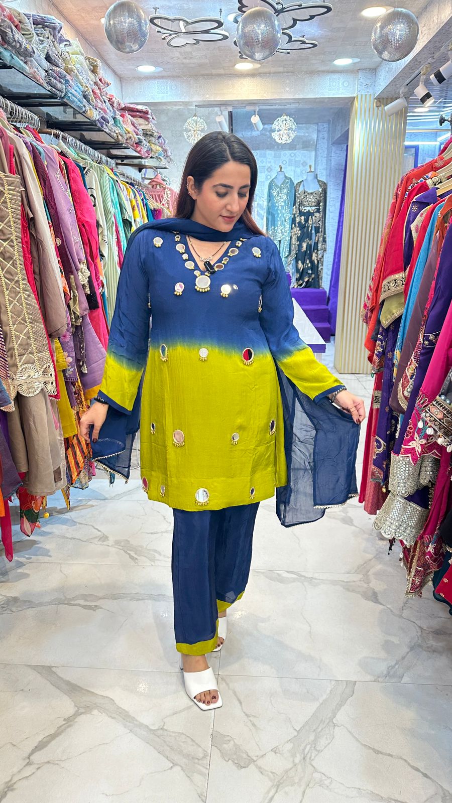 ‘MANTHRA’ Stunning V-Neck Suit With Mirror Work FS82