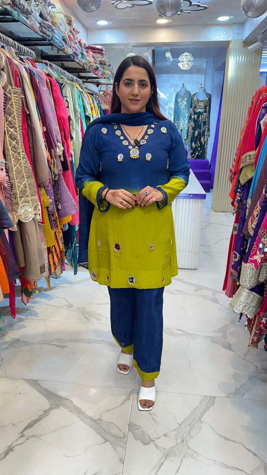 ‘MANTHRA’ Stunning V-Neck Suit With Mirror Work FS82