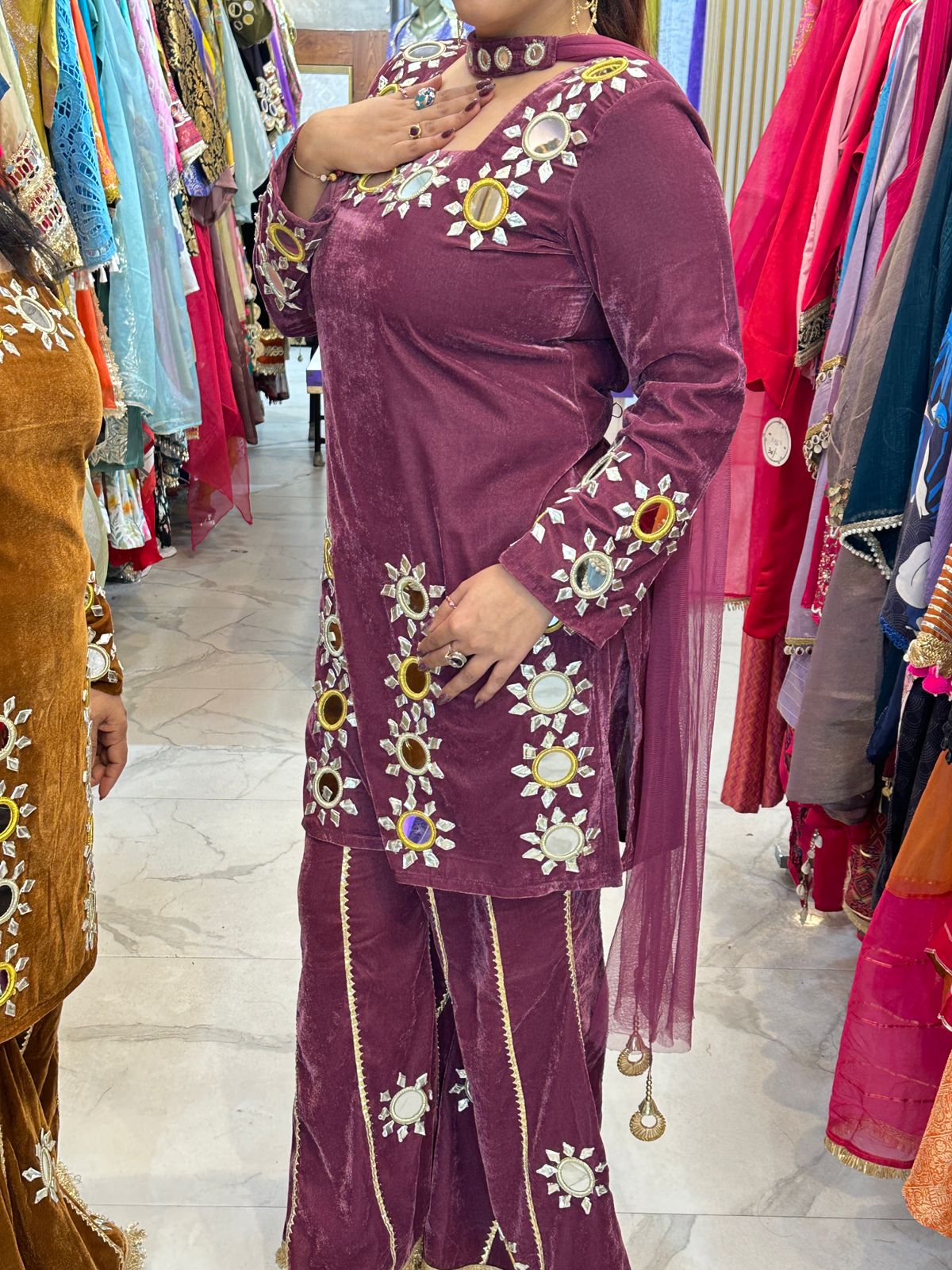 "ROSH" 3 Piece Bell-bottoms Suit With Mirror Work FS163