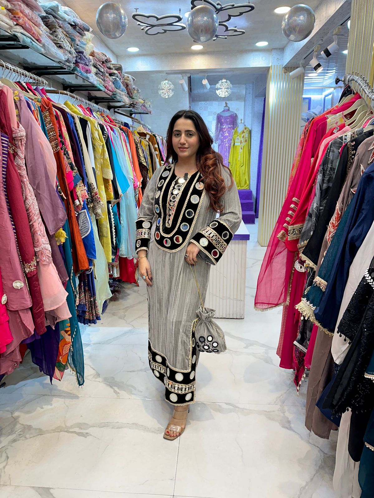 "TAJ" Grey Phiran with Potli FS165