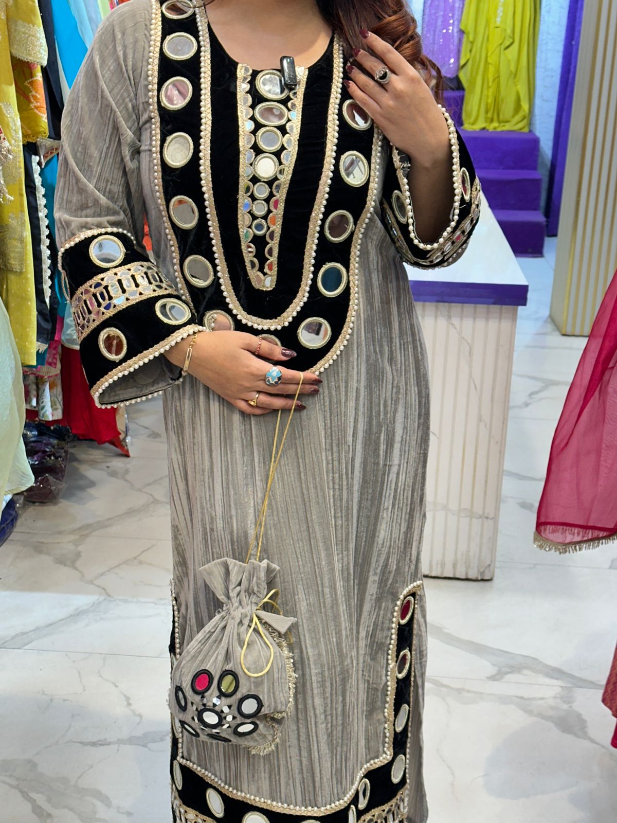 "TAJ" Grey Phiran with Potli FS165