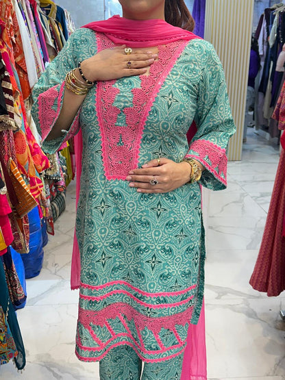 ‘VASANTA’ Stunning Pattern Print Suit With Lace Work FS196